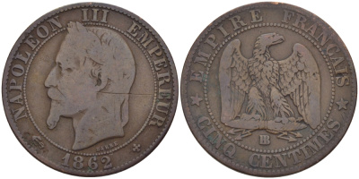 ФРАНЦИЯ 5 САНТИМОВ 1862 BB, НАПОЛЕОН III (1852-1870) KM 797.2, LA FRANC 117.6 бронза 28-652