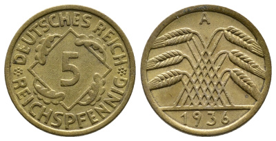 ГЕРМАНИЯ 5 РЕЙХСПФЕННИГОВ 1936 A, KM 39, J. 316 алюминиевая бронза 4380-1028