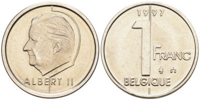 Бельгия 1 франк 1997 Belgique KM 187 железо плакированное никелем UNC 192-517