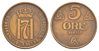 Норвегия 5 эре 1937 Хокон VII (1905-1957) KM 368 бронза 4635-527