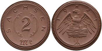 Саксония 2 марки 1921 J. N 56 фарфор 1094-1-71