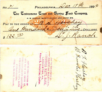США чек на 122 долларов 1899 Филадельфия бумага 2196-45-2-2