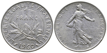 ФРАНЦИЯ 1 ФРАНК 1960 СЕЯТЕЛЬ KM 925.1, LE FRANC 226.4 никель 4385-912