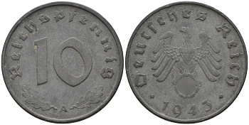 Германия 10 рейхспфеннигов 1943 A KM 101, J.371 цинк 4151-229