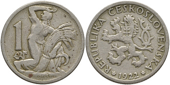 Чехословакия 1 крона 1922 женщина со снопом и серпом KM 4 медно-никель 36-852