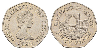Джерси50 пенсов1990замок Гросне, Елизавета II (1952-2022)KM 58.1медно-никель3334-333