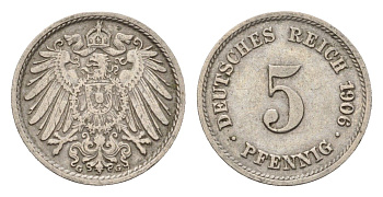 Германия 5 пфеннигов 1906 G, Вильгельм II (1888-1918) KM 11, J. 12 медно-никель 4636-148