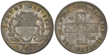 Швейцарские кантоны 1 батцен 1830 кантон Фрибур KM 88 серебро    4584-244