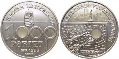 Венгрия 1000 форинтов 1993 ВР, чемпионат мира по футболу В США KM 706 серебро UNC 00-00