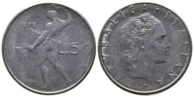 Италия 50 лир 1978 R, бог огня Вулкан у наковальни KM 95.1 нержавеющая сталь    4606-133