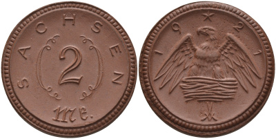 Саксония 2 марки 1921 J. N 56 фарфор 1094-1-71