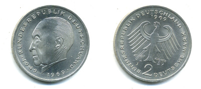 ФРГ 2 МАРКИ 1969 J, КОНРАД АДЕНАУЭР KM 124, J. 406 медно-никель плакированный никелем плакированный никелем UNC 53-844
