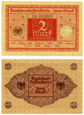 Германия 2 марки 1920 1 марта 1920, красная, серия 28 Pick 59, Розенберг 65b бумага aUNC 2195-35-2-1