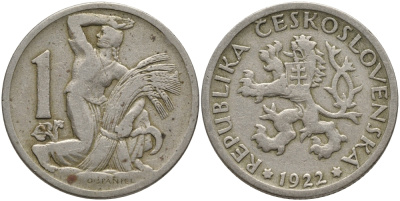 Чехословакия 1 крона 1922 женщина со снопом и серпом KM 4 медно-никель 36-852