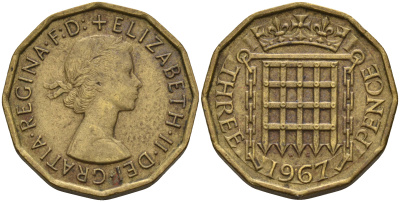 Великобритания 3 пенса 1967 Елизавета II (1952-2022) KM 900, Spink 4153 никель латунь  4603-137