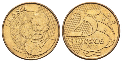 Бразилия 25 сентаво 2014 KM 650 сталь плакированная латунью UNC 4666-143