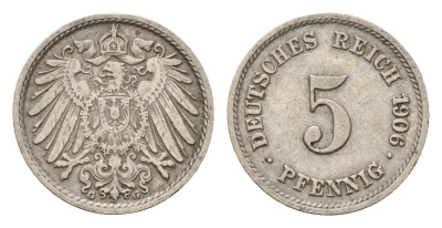 Германия 5 пфеннигов 1906 G, Вильгельм II (1888-1918) KM 11, J. 12 медно-никель 4636-148