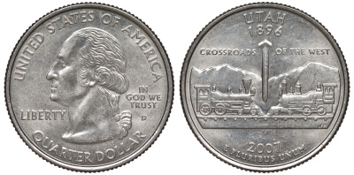 США 25 центов (квотер) 2007 D, серия штаты США, Юта KM 400 медь плакированная медно-никелем 4541-345