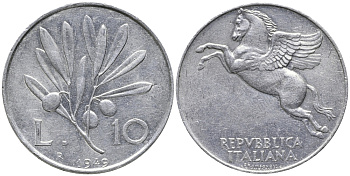 Италия 10 лир 1949 R, оливковая ветвь, пегас KM 90 алюминий 32-942