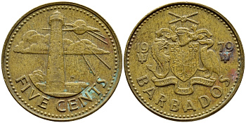 Барбадос 5 центов 1979 маяк Саут-Пойнт KM 11 латунь 4398-525