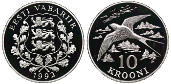 Эстония 10 крон 1992 ласточка, с сертификатом KM 26 серебро PROOF 1065-1-31