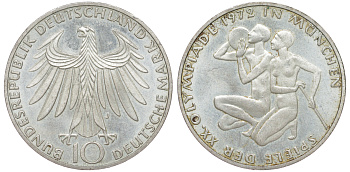 ФРГ 10 марок 1972 J, XX летние Олимпийские Игры, Мюнхен 1972, спортсмены KM 132, J. 403 серебро aUNC 4178-1214