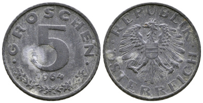 АВСТРИЯ 5 ГРОШЕЙ 1964 KM 2875 цинк 57-1135