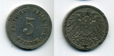 ГЕРМАНИЯ 5 ПФЕННИГОВ 1912 A, KM 11, J. 12 медно-никель 29-311