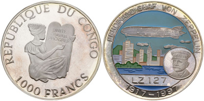 Конго 1000 франков 1997 дирижабль "Граф Цеппелин", цветная эмаль KM 37 серебро PROOF 04-322-22