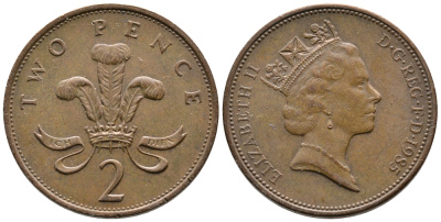 Великобритания 2 пенса 1985 Елизавета II (1952-2022) KM 936, Spink 4376 (C3) бронза 87-741