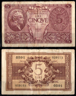 Италия 5 лир 1944 Pick 31 c бумага 2198-28-3-2