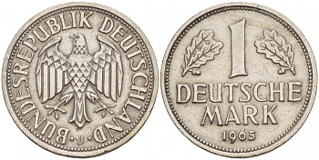 ФРГ 1 МАРКА 1965 J KM 110, J.385 медно-никель 4544-822