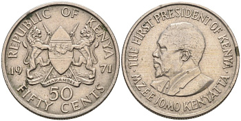 Кения 50 центов 1971 Джомо Кениата KM 13 медно-никель 4573-532