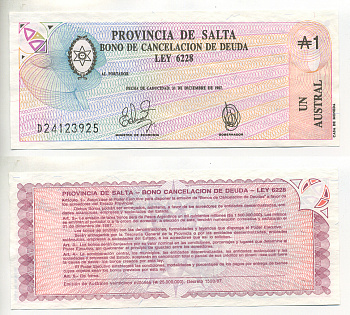 Аргентина, провинция Сальта 1 аустраль 1987 Pick S 2612е бумага UNC (пресс) 6299-32-3