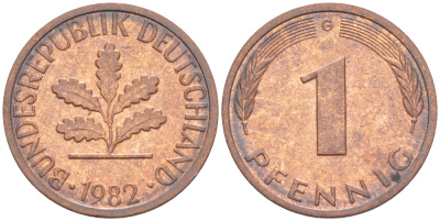 ФРГ 1 ПФЕННИГ 1982 G KM 105, J. 380 сталь плакированная медью 4181-646