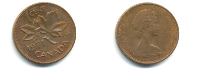 Канада 1 цент 1971 Елизавета II (1952-2022), кленовый лист KM 59.1 бронза 177-1336