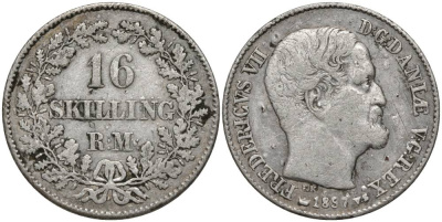 ДАНИЯ 16 СКИЛЛИНГОВ РИГСМОНТ 1857 RM, ФРЕДЕРИК VII KM 765 (С 137) серебро 27-434