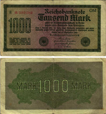 ГЕРМАНИЯ 1000 МАРОК 1922 15 СЕНТЯБРЯ 1922, ВОДЯНОЙ ЗНАК J, ЗЕЛЁНАЯ БУМАГА Pick 76g бумага 7220-72-2