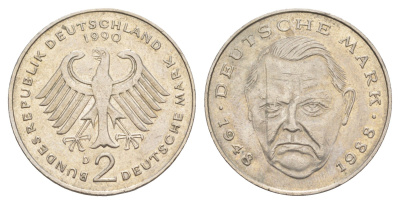 ФРГ 2 марки 1990 D, Людвиг Эрхард, 40 лет Федеративной Республике KM 170, J. 445 медь плакированная медно-никелем 4641-842