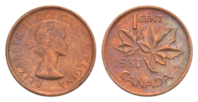 Канада 1 цент 1957 Елизавета II (1952-2022), кленовый лист KM 49 бронза 4639-313