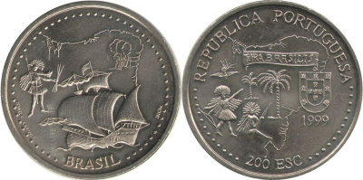 Португалия 200 эскудо 1999 500 лет с момента открытия Бразилии KM 718 медно-никель UNC 4677-534