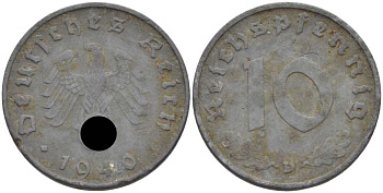 ГЕРМАНИЯ 10 РЕЙХСПФЕННИГОВ 1940 D KM 101, J. 371 цинк 4401-454
