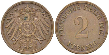 Германия 2 пфеннига 1912 D KM 16, J. 11, Weege 4 медь 206-625
