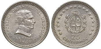 Уругвай 25 сентесимо 1960 KM 40 медно-никель 4169-1046