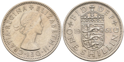 Великобритания 1 шиллинг 1961 Елизавета II (1952-2022), Английский герб KM 904, Spink 4147 медно-никель 4592-313