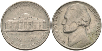 США 5 центов 1964 D, Джефферсон KM А192 медно-никель 92-1122