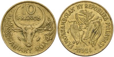 Мадагаскар 10 франков 1984 KM 11 алюминиевая бронза 4141-624