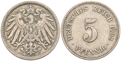 ГЕРМАНИЯ 5 ПФЕННИГОВ 1902 A, KM 11, J. 12 медно-никель 73-1562