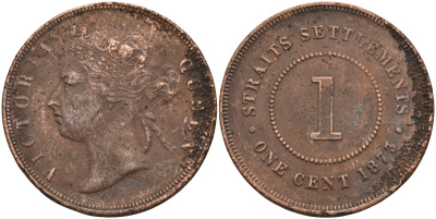 Стрейтс-Сетлментс 1 цент 1873 Виктория (1837-1901), Ост-Индская компания KM 9 медь 4590-321