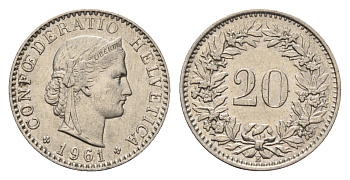 Швейцария 20 раппенов 1961 KM 29a медно-никель 4685-265